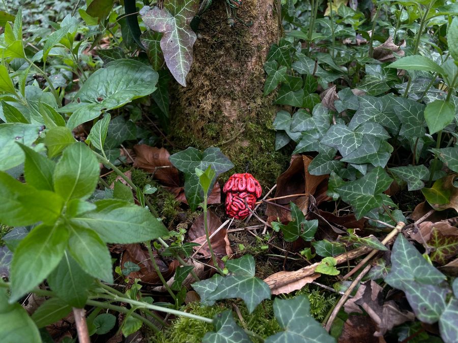 ‘Due Today: Eco-consciousness’, clay sculpture among ivy