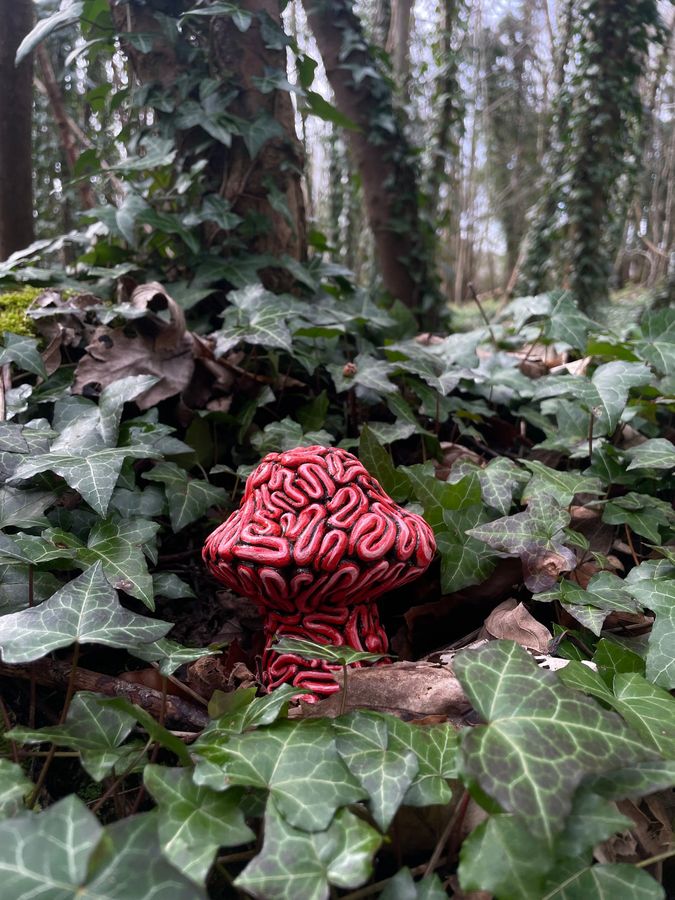 ‘Due Today: Eco-consciousness’, clay sculpture among ivy
